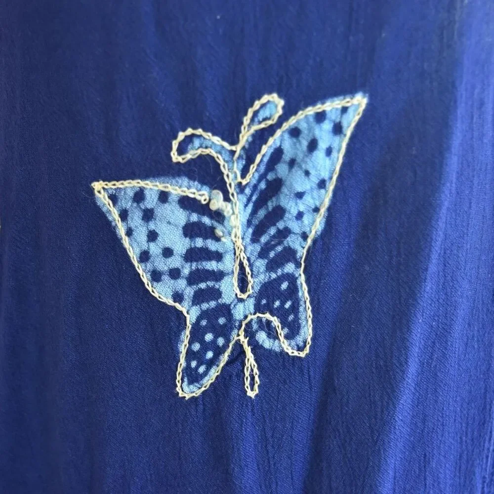 Vintage 90s Butterfly Viscose Dress Blue Boho India Free Size